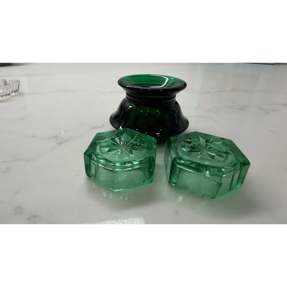 Vintage Green Glass Salt Cellar Dip Set 3